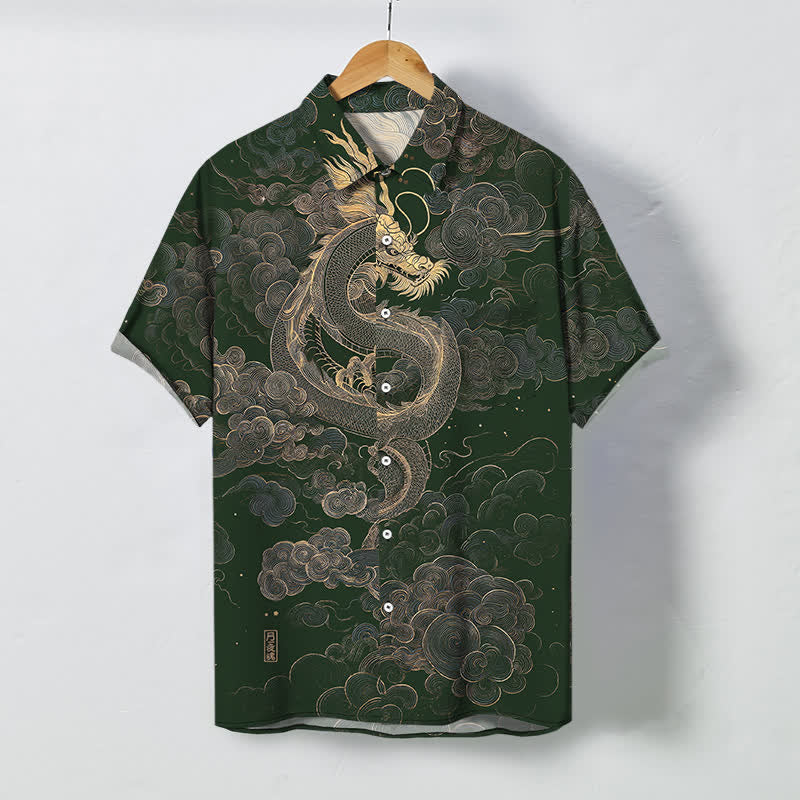 Buddha Stones Golden Dragon Cloud Pattern Buttons Wrinkle-resistant Men's Short Sleeve Shirt - DarkGreen - US/UK/AU48，EU58 (4XL) - image 5