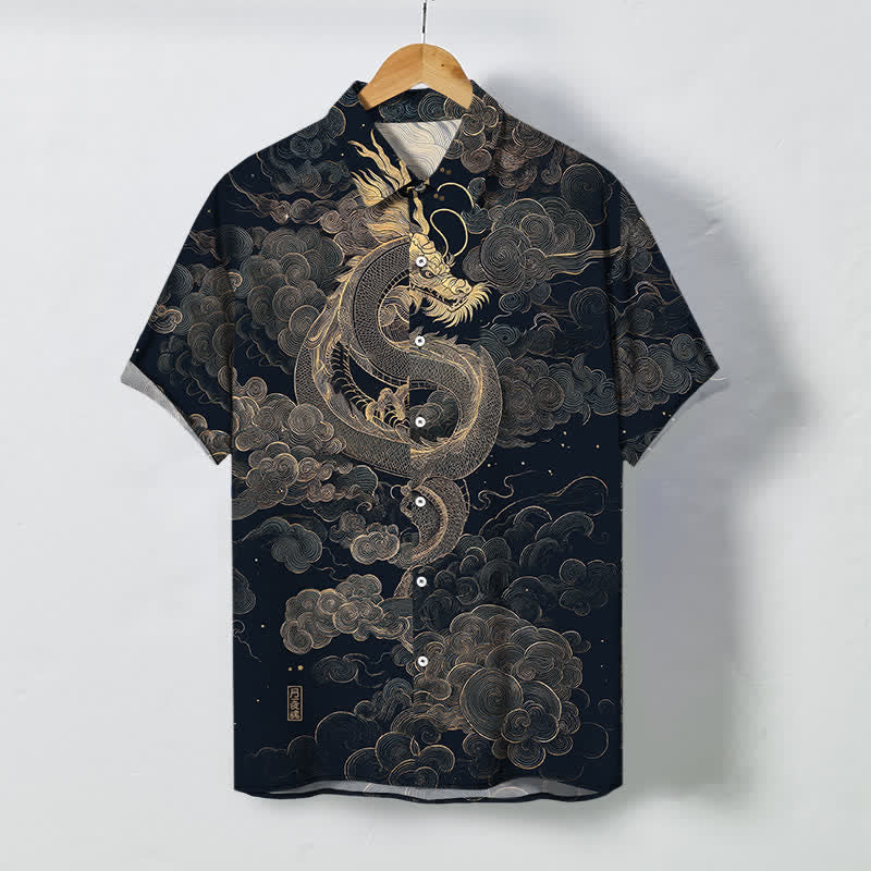 Buddha Stones Golden Dragon Cloud Pattern Buttons Wrinkle-resistant Men's Short Sleeve Shirt - 	MidnightBlue - US/UK/AU48，EU58 (4XL) - image 7