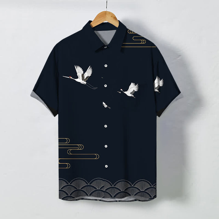 Buddha Stones Crane Gold Wave Pattern Buttons Breathable Men's Short Sleeve Shirt - Black - US/UK/AU48，EU58 (4XL) - image 0