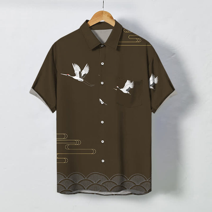 Buddha Stones Crane Gold Wave Pattern Buttons Breathable Men's Short Sleeve Shirt - SaddleBrown - US/UK/AU48，EU58 (4XL) - image 5