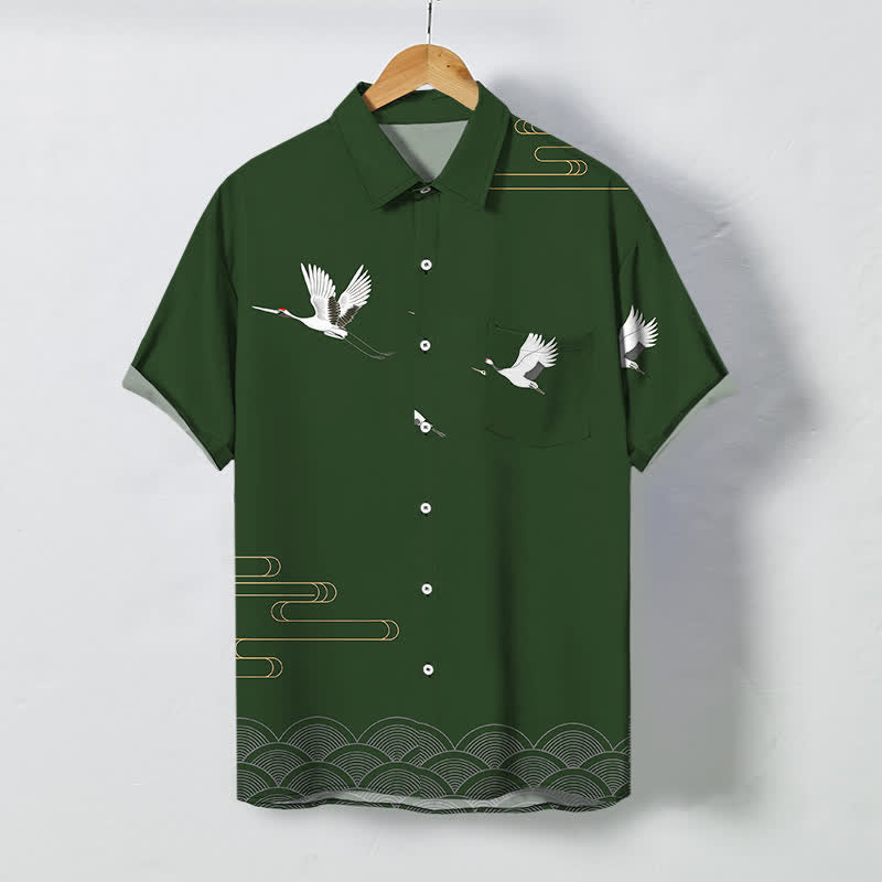 Buddha Stones Crane Gold Wave Pattern Buttons Breathable Men's Short Sleeve Shirt - DarkOliveGreen - US/UK/AU48，EU58 (4XL) - image 7