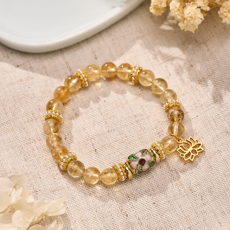 Buddha Stones Citrine Lotus Pendant Enamel Barrel Bead Abundance Hand-polished Round Bead Bracelet - image 1