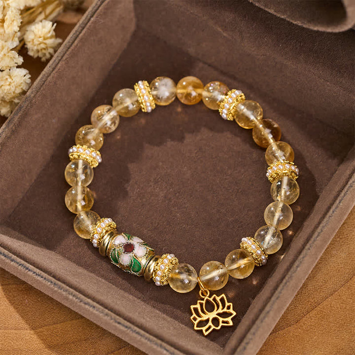 Buddha Stones Citrine Lotus Pendant Enamel Barrel Bead Abundance Hand-polished Round Bead Bracelet - Citrine (Wrist Circumference: 15–16 cm) - image 0
