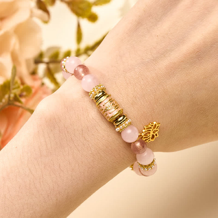 Buddha Stones Natural Strawberry Quartz Rose Quartz Enamel Barrel Bead Clarity Round Bead Bracelet - image 4