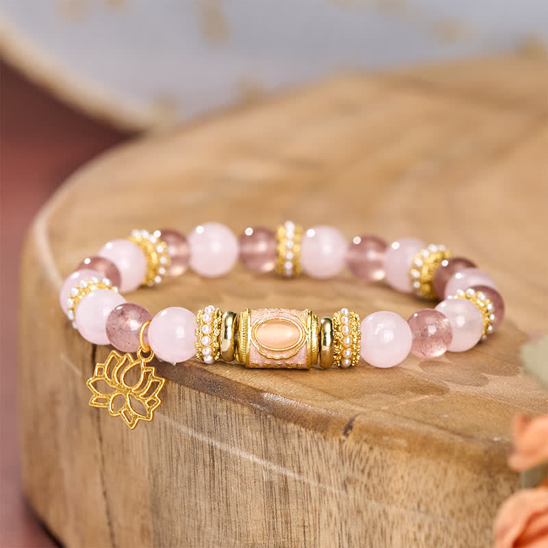 Buddha Stones Natural Strawberry Quartz Rose Quartz Enamel Barrel Bead Clarity Round Bead Bracelet - image 3