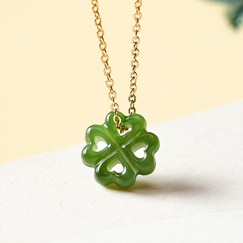 Buddha Stones Jade Four Leaf Clover Luck Hand Carved Pendant Necklace - 925 Sterling Silver(Blessing♥Calm) - Natural Jade(Color May Vary) - image 0