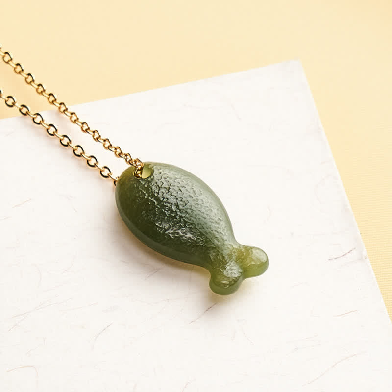Buddha Stones Jade Little Fish Luck Hand Carved Pendant Necklace - image 1