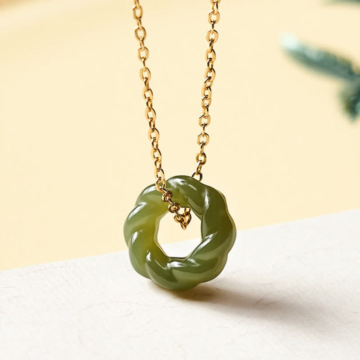 Buddha Stones Hand Carved Hetian Jade Fried Dough Twists Blessing Vintage Necklace - 925 Sterling Silver(Blessing♥Calm) - Light Green - Natural Jade(Color May Vary) - image 0