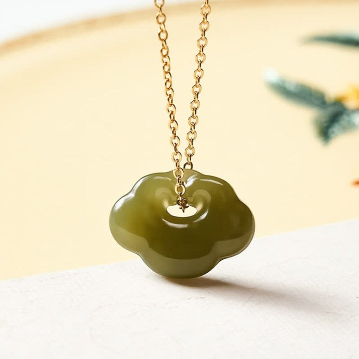 Buddha Stones Jade Auspicious Cloud Lock Luck Vintage Pendant Necklace - 925 Sterling Silver(Blessing♥Calm) - Light Green - Natural Jade(Color May Vary) - image 0