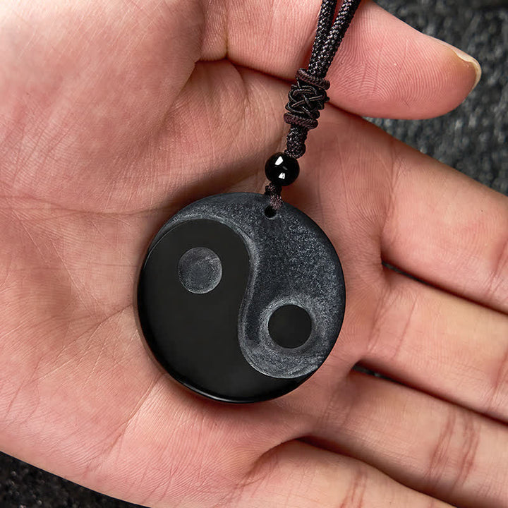 Buddha Stones Black Obsidian Yin Yang Balance Round Pendant Necklace - image 7