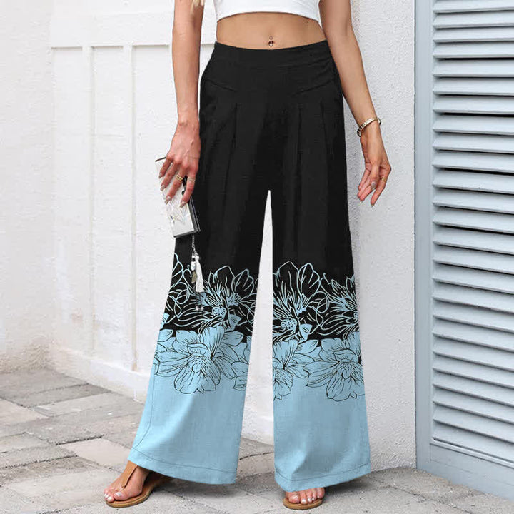 Buddha Stones Cotton Linen Vintage Floral Pattern Women's Elastic Waist Wide Leg Pants With Pockets - image 1