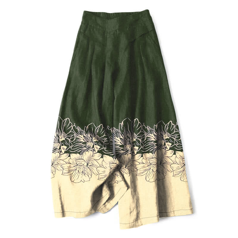 Buddha Stones Cotton Linen Vintage Floral Pattern Women's Elastic Waist Wide Leg Pants With Pockets - DarkOliveGreen - US16，UK/AU20，EU48 (3XL) - image 4