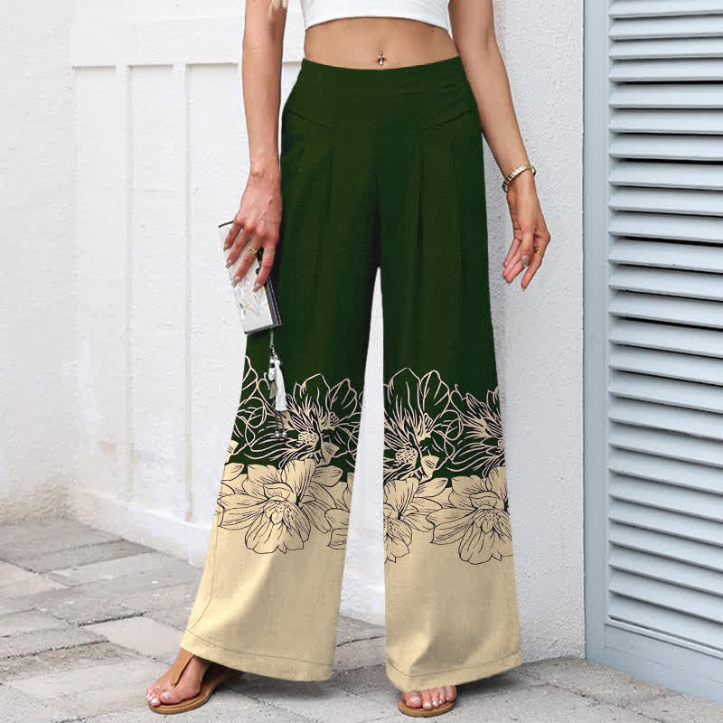 Buddha Stones Cotton Linen Vintage Floral Pattern Women's Elastic Waist Wide Leg Pants With Pockets - image 5