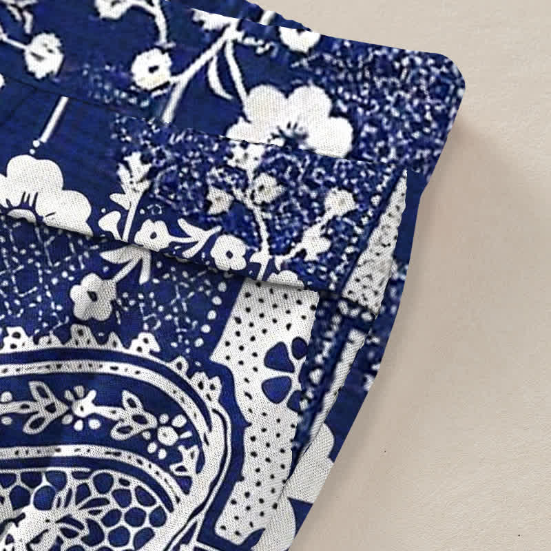Buddha Stones Cotton Linen Vintage Floral Geometric Patchwork Pattern Women's Elastic Waist Wide Leg Pants With Pockets - image 2