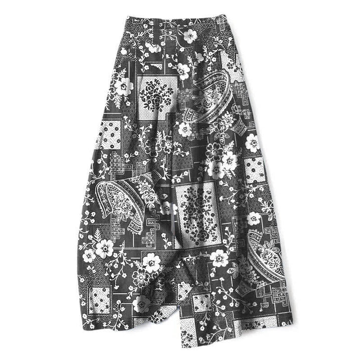 Buddha Stones Cotton Linen Vintage Floral Geometric Patchwork Pattern Women's Elastic Waist Wide Leg Pants With Pockets - Black - US16，UK/AU20，EU48 (3XL) - image 6