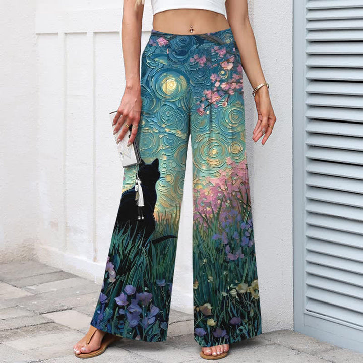 Buddha Stones Cotton Linen Enchanted Forest Black Cat Pattern Women's Elastic Waist Wide Leg Pants With Pockets - image 1