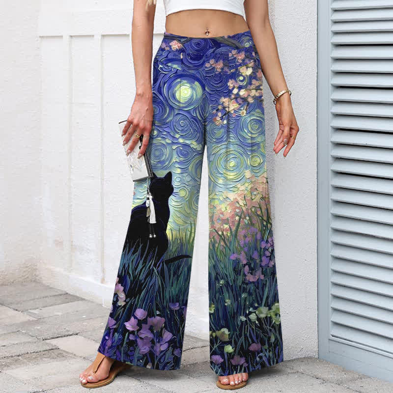 Buddha Stones Cotton Linen Enchanted Forest Black Cat Pattern Women's Elastic Waist Wide Leg Pants With Pockets - image 5