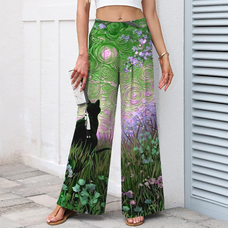 Buddha Stones Cotton Linen Enchanted Forest Black Cat Pattern Women's Elastic Waist Wide Leg Pants With Pockets - image 7