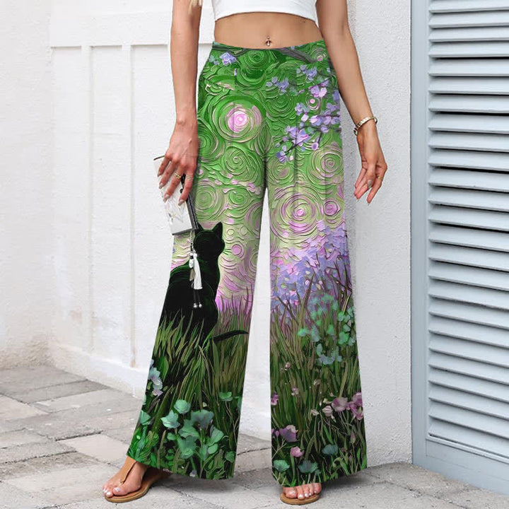 Buddha Stones Cotton Linen Enchanted Forest Black Cat Pattern Women's Elastic Waist Wide Leg Pants With Pockets - image 7