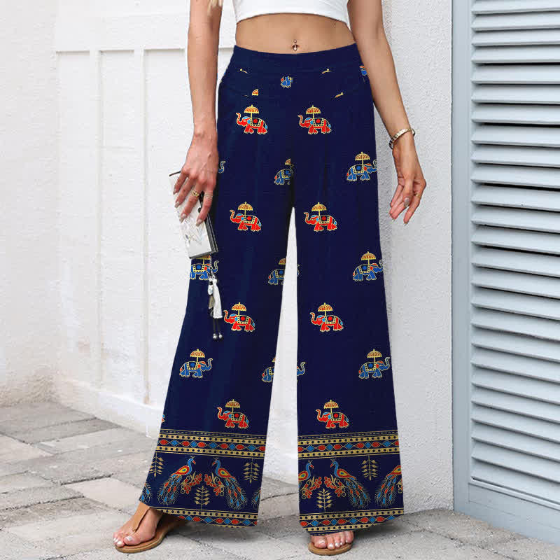 Buddha Stones Cotton Linen Bohemian Elephant Pattern Women's Elastic Waist Wide Leg Pants With Pockets - image 1