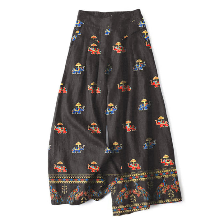 Buddha Stones Cotton Linen Bohemian Elephant Pattern Women's Elastic Waist Wide Leg Pants With Pockets - SaddleBrown - US16，UK/AU20，EU48 (3XL) - image 4
