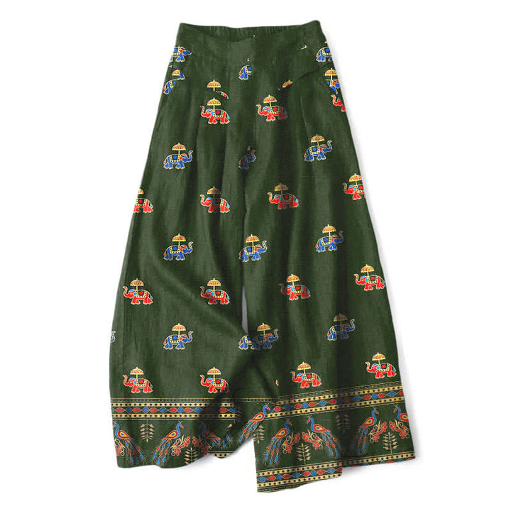 Buddha Stones Cotton Linen Bohemian Elephant Pattern Women's Elastic Waist Wide Leg Pants With Pockets - DarkGreen - US16，UK/AU20，EU48 (3XL) - image 6
