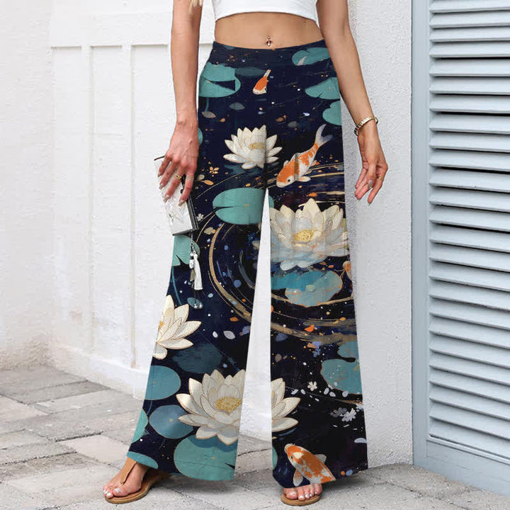 Buddha Stones Cotton Linen Lotus Koi Fish Pattern Women's Elastic Waist Wide Leg Pants With Pockets - image 1