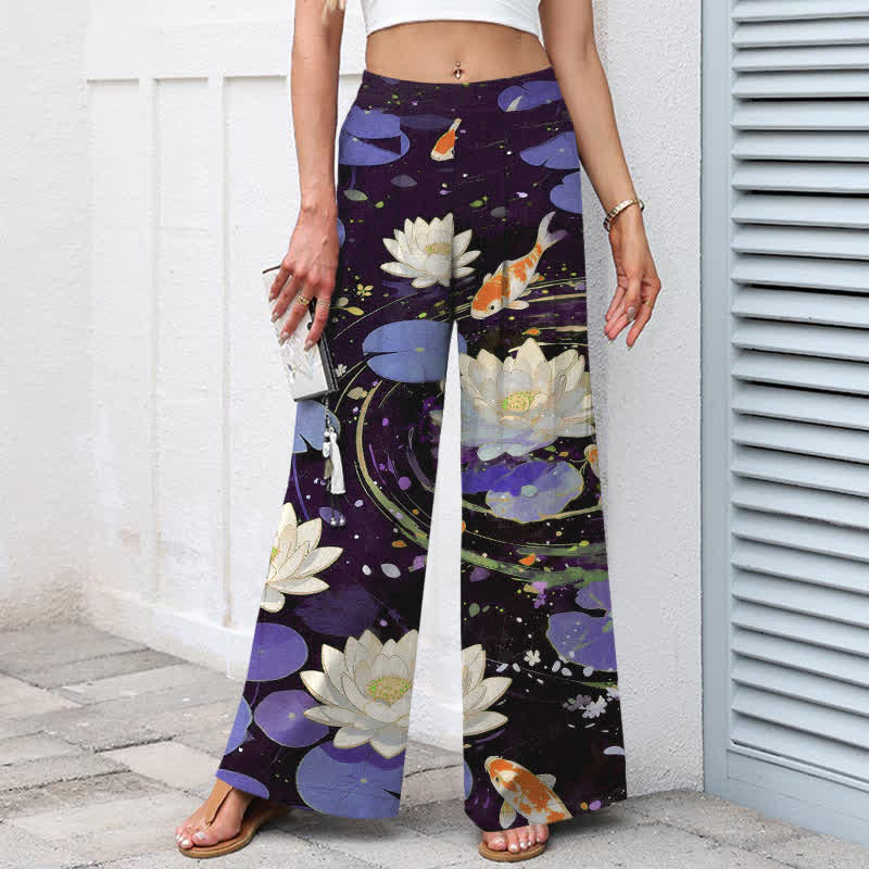 Buddha Stones Cotton Linen Lotus Koi Fish Pattern Women's Elastic Waist Wide Leg Pants With Pockets - image 5