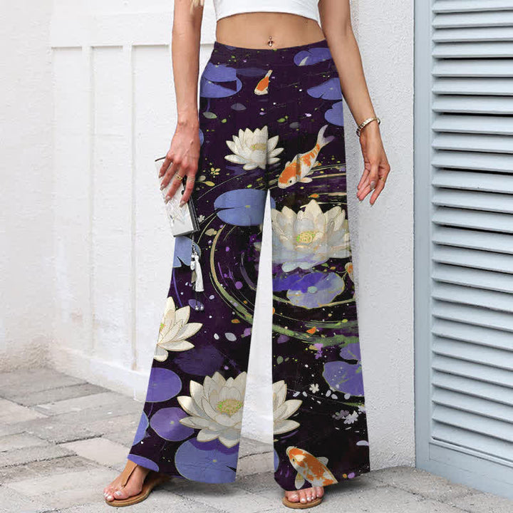 Buddha Stones Cotton Linen Lotus Koi Fish Pattern Women's Elastic Waist Wide Leg Pants With Pockets - image 5