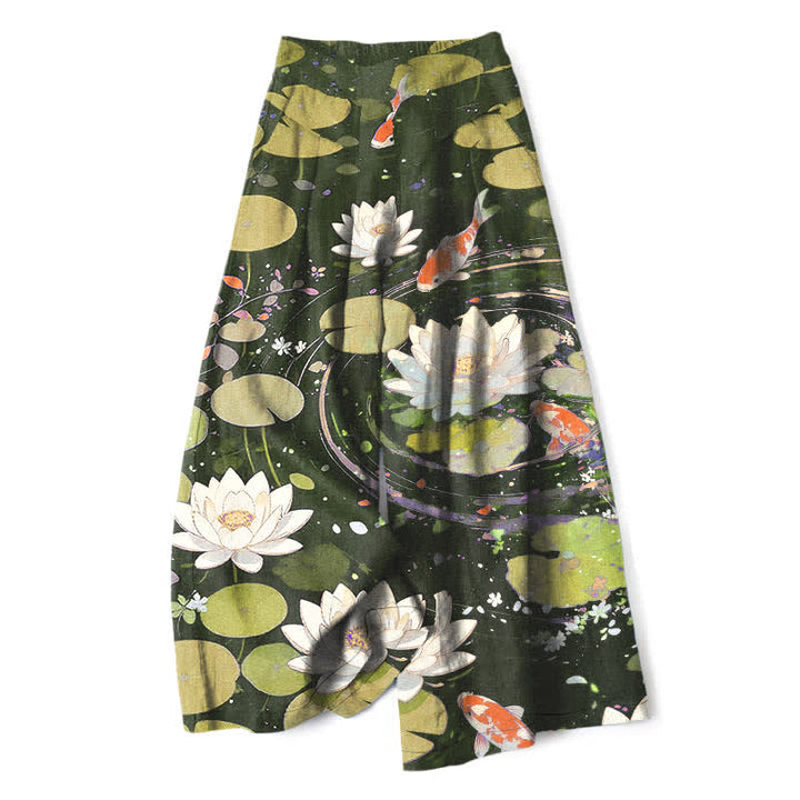Buddha Stones Cotton Linen Lotus Koi Fish Pattern Women's Elastic Waist Wide Leg Pants With Pockets - DarkOliveGreen - US16，UK/AU20，EU48 (3XL) - image 6