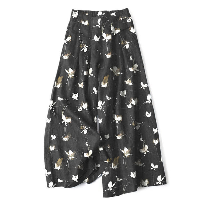 Buddha Stones Cotton Linen Vintage Floral White Butterfly Pattern Women's Elastic Waist Wide Leg Pants With Pockets - Black - US16，UK/AU20，EU48 (3XL) - image 0