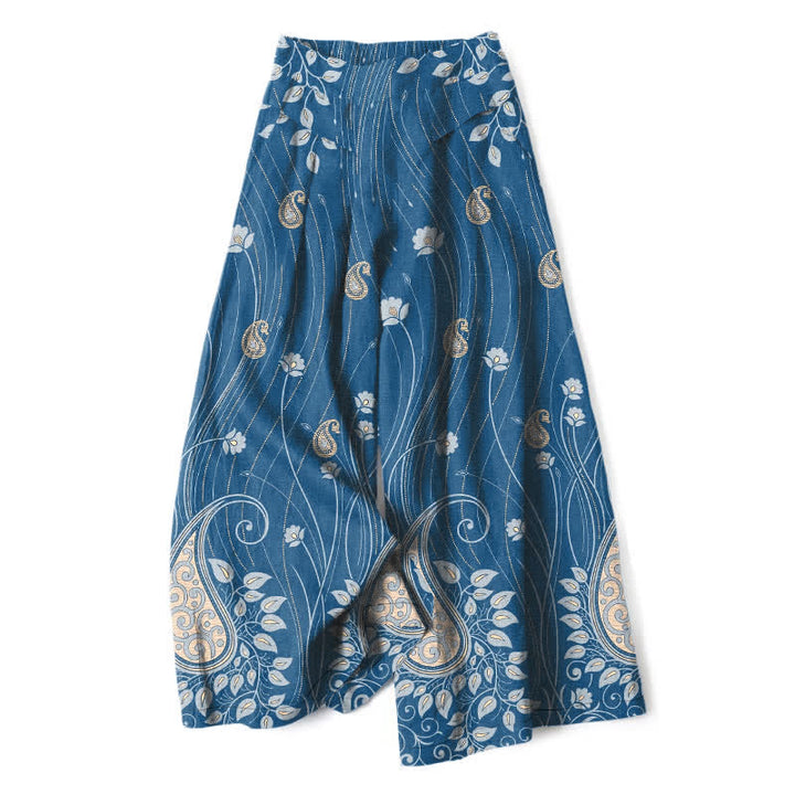 Buddha Stones Cotton Linen Paisley Floral Lines Pattern Women's Elastic Waist Wide Leg Pants With Pockets - SteelBlue - US16，UK/AU20，EU48 (3XL) - image 0
