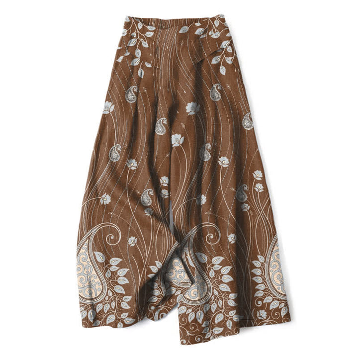 Buddha Stones Cotton Linen Paisley Floral Lines Pattern Women's Elastic Waist Wide Leg Pants With Pockets - Sienna - US16，UK/AU20，EU48 (3XL) - image 4