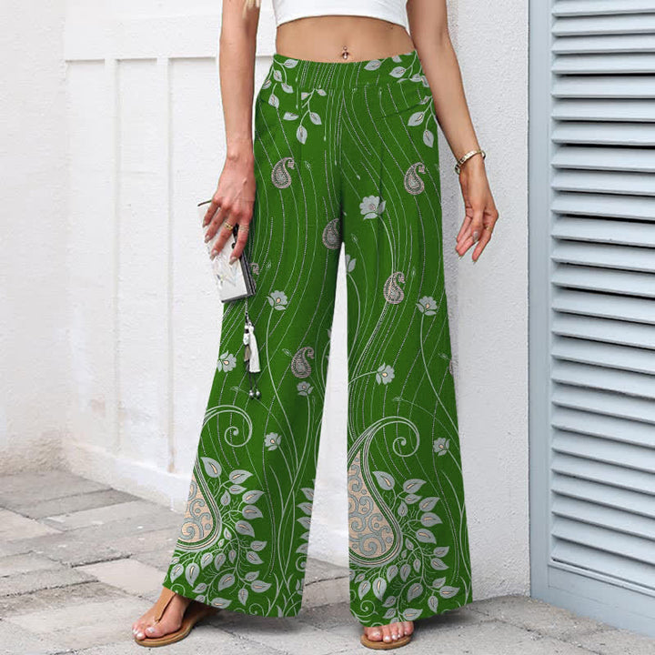 Buddha Stones Cotton Linen Paisley Floral Lines Pattern Women's Elastic Waist Wide Leg Pants With Pockets - image 7