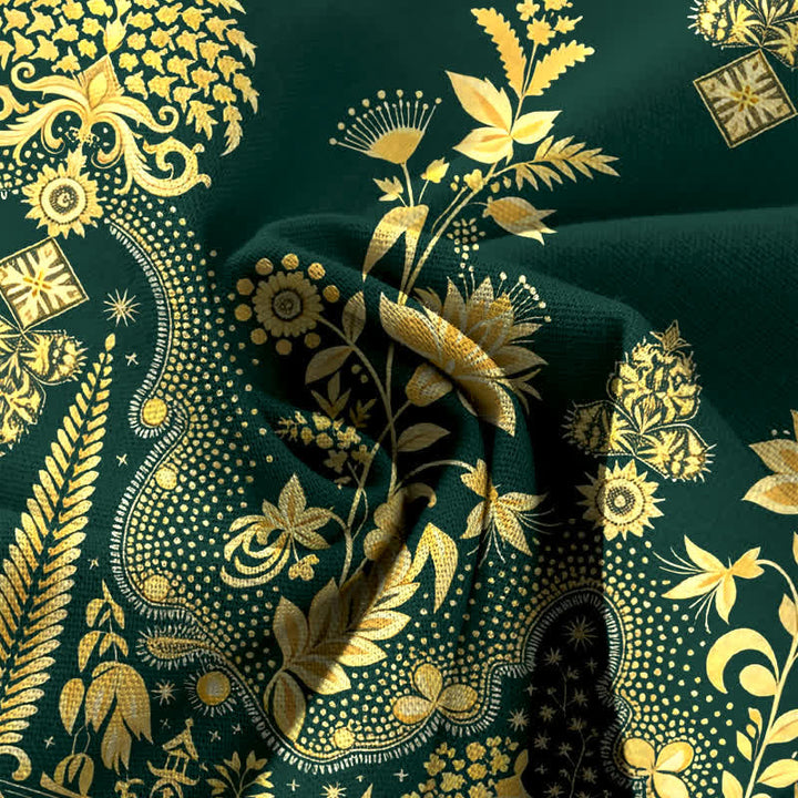 Buddha Stones Cotton Linen Bohemian Golden Floral Pattern Women's Elastic Waist Wide Leg Pants With Pockets - image 3