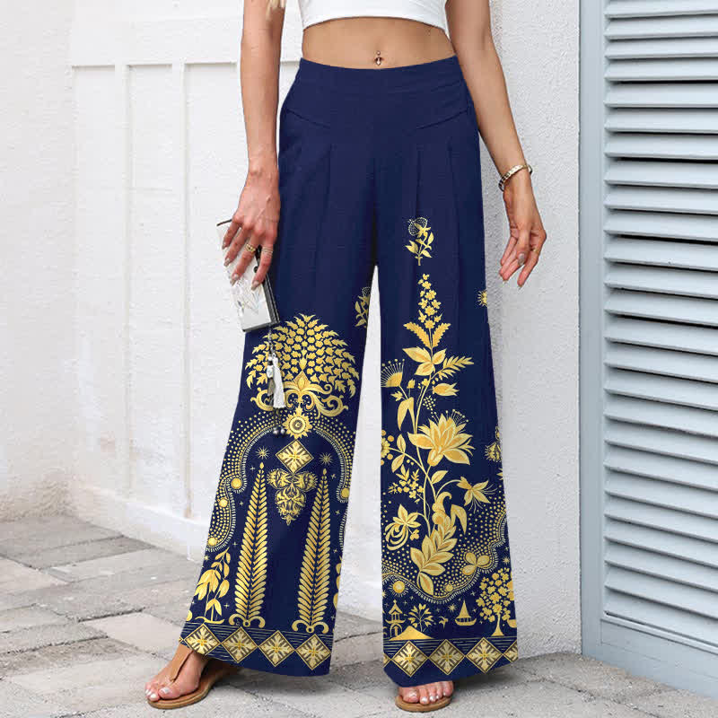 Buddha Stones Cotton Linen Bohemian Golden Floral Pattern Women's Elastic Waist Wide Leg Pants With Pockets - image 7