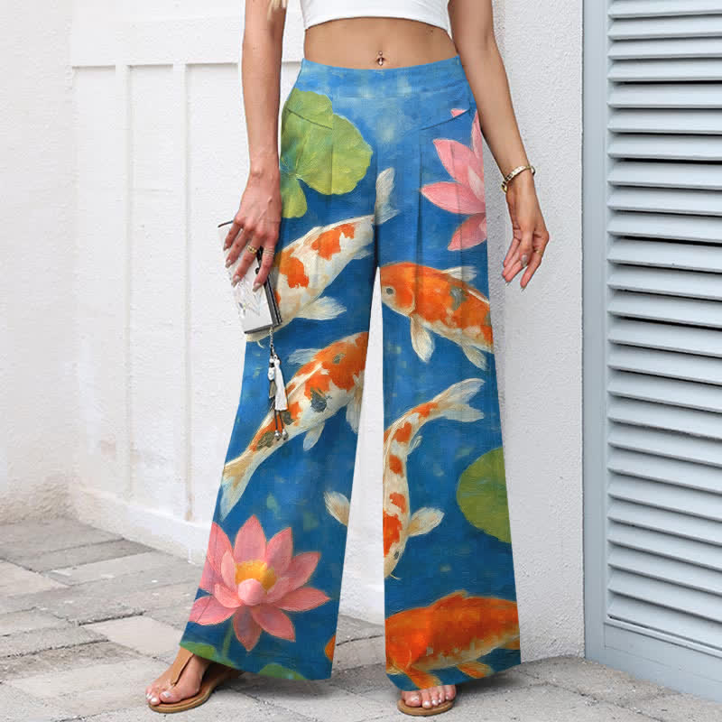 Buddha Stones Cotton Linen Red White Koi Fish Pink Lotus Pattern Women's Elastic Waist Wide Leg Pants With Pockets - image 5