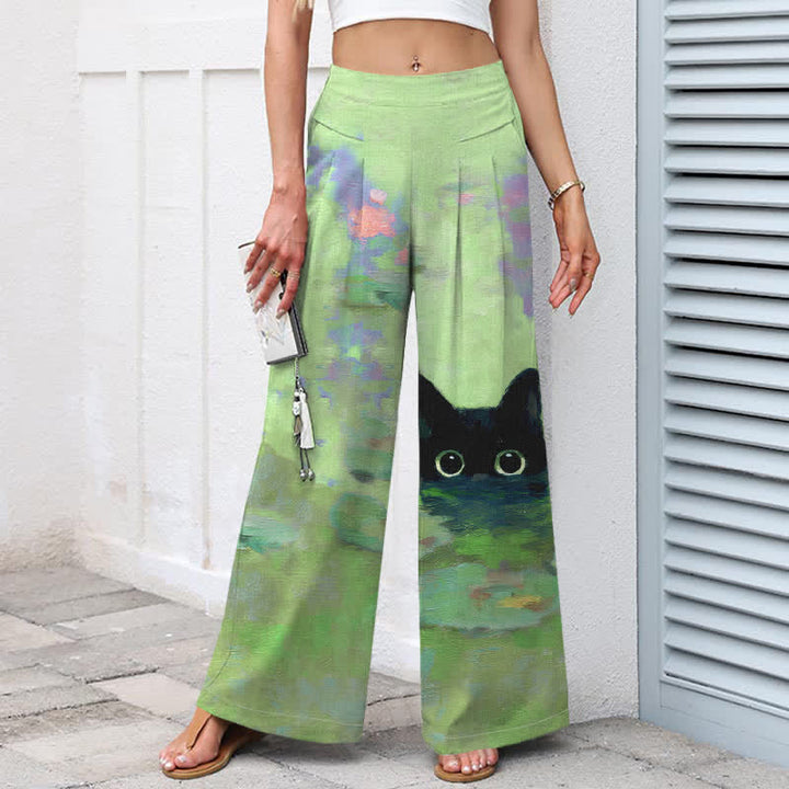 Buddha Stones Cotton Linen Playful Black Cat Lotus Pond Pattern Women's Elastic Waist Wide Leg Pants With Pockets - image 5