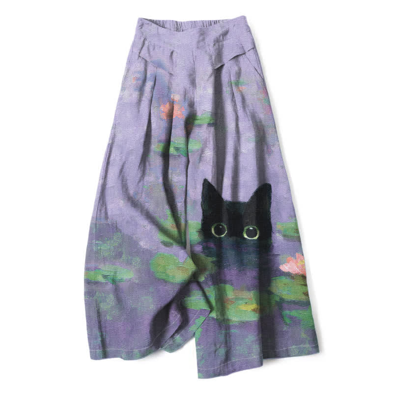 Buddha Stones Cotton Linen Playful Black Cat Lotus Pond Pattern Women's Elastic Waist Wide Leg Pants With Pockets - Lavender - US16，UK/AU20，EU48 (3XL) - image 6