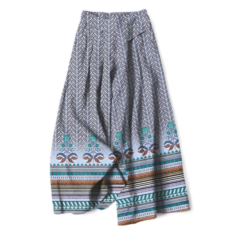 Buddha Stones Cotton Linen Bohemian Geometric Zigzag Pattern Women's Elastic Waist Wide Leg Pants With Pockets - Gray - US16，UK/AU20，EU48 (3XL) - image 4