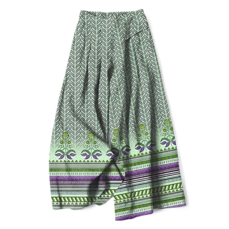 Buddha Stones Cotton Linen Bohemian Geometric Zigzag Pattern Women's Elastic Waist Wide Leg Pants With Pockets - PaleGreen - US16，UK/AU20，EU48 (3XL) - image 6