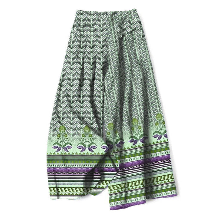 Buddha Stones Cotton Linen Bohemian Geometric Zigzag Pattern Women's Elastic Waist Wide Leg Pants With Pockets - PaleGreen - US16，UK/AU20，EU48 (3XL) - image 6