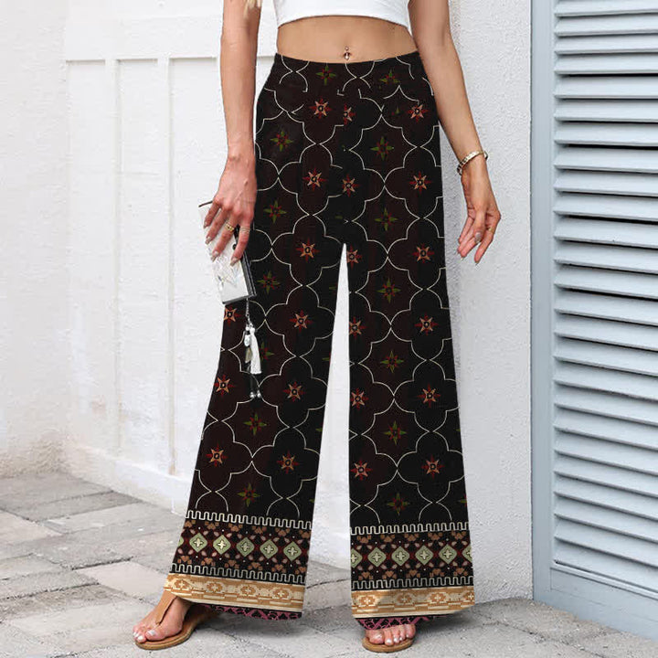 Buddha Stones Cotton Linen Bohemian Geometric Floral Lines Pattern Women's Elastic Waist Wide Leg Pants With Pockets - image 5