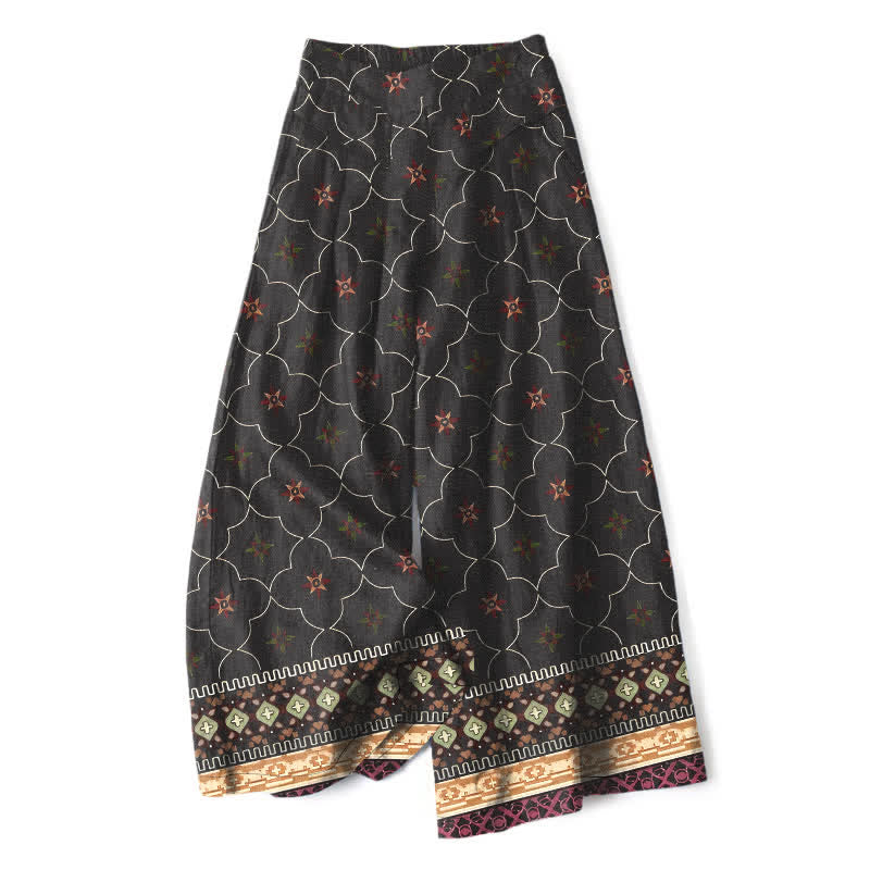 Buddha Stones Cotton Linen Bohemian Geometric Floral Lines Pattern Women's Elastic Waist Wide Leg Pants With Pockets - Black - US16，UK/AU20，EU48 (3XL) - image 4