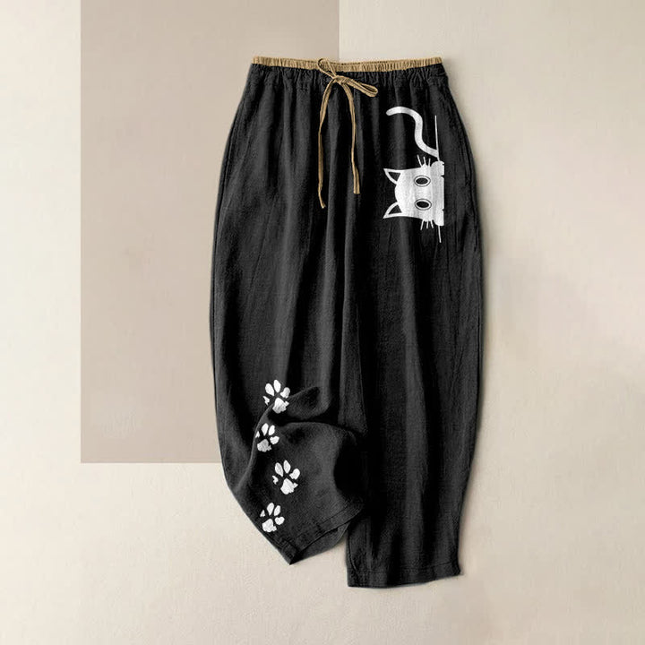 Buddha Stones Pure Cotton Cute Cat Paw Print Pattern Women's Elastic Waist Pants With Pockets - Black - US16，UK/AU20，EU48 (3XL) - image 0