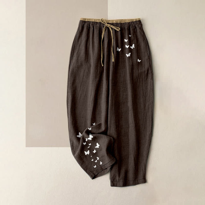Buddha Stones Pure Cotton White Butterfly Pattern Women's Elastic Waist Pants With Pockets - SaddleBrown - US16，UK/AU20，EU48 (3XL) - image 8