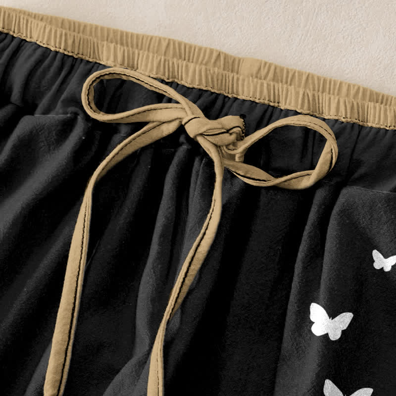 Buddha Stones Pure Cotton White Butterfly Pattern Women's Elastic Waist Pants With Pockets - image 5