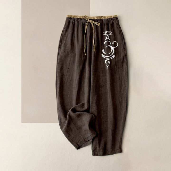 Buddha Stones Pure Cotton Sacred Om Lotus Pattern Women's Elastic Waist Pants With Pockets - SaddleBrown - US16，UK/AU20，EU48 (3XL) - image 0