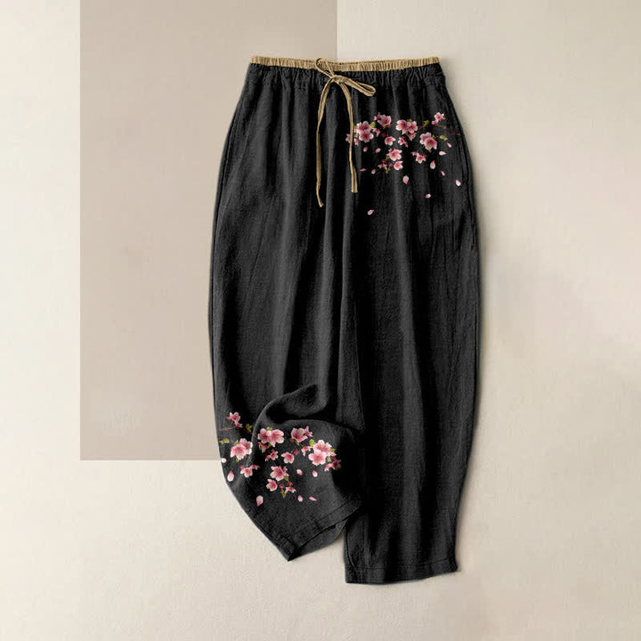 Buddha Stones Pure Cotton Pink Blossom Pattern Women's Elastic Waist Pants With Pockets - Black - US16，UK/AU20，EU48 (3XL) - image 0