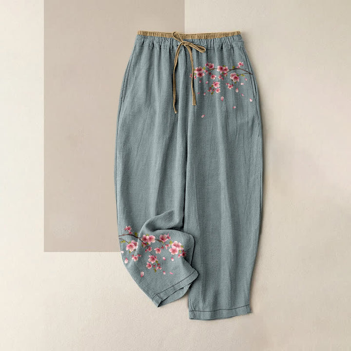Buddha Stones Pure Cotton Pink Blossom Pattern Women's Elastic Waist Pants With Pockets - LightBlue - US16，UK/AU20，EU48 (3XL) - image 4